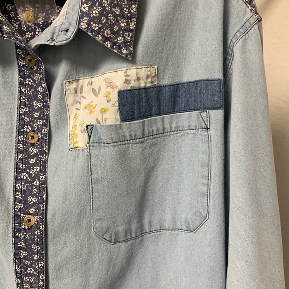 Easel Floral Printed Washed Denim Chambray Patched Loose Fit Size Large - Picture 6 of 8